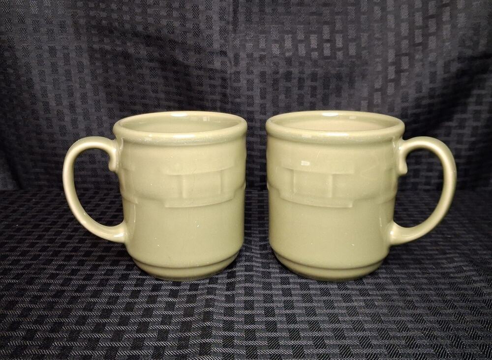 Set 2 Longaberger Woven Tradition Pottery Mug Sage Green 4.25"